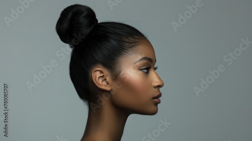 A stunning African American model with a sleek bun hairstyle, captured in a side profile against a plain gray backdrop.