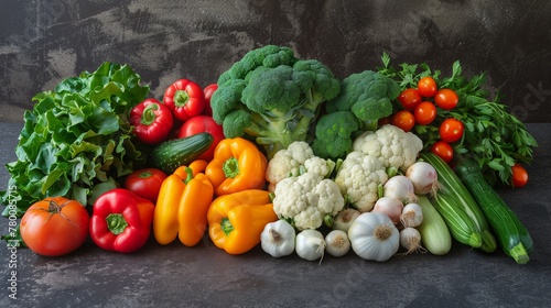 Composition from a set of different vegetables on a stone gray background