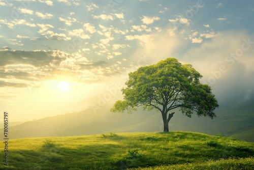 Solitary Tree on a Sunny Hillside