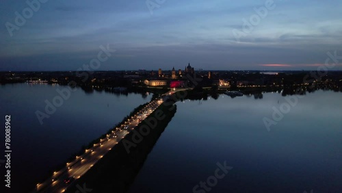Aerial footage of the skyline of Mantua and the medieval building of Saint George on sunny day, Mantova, Lombardy, Italy