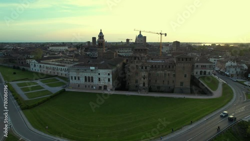 Aerial footage of the skyline of Mantua and the medieval building of Saint George on sunny day, Mantova, Lombardy, Italy