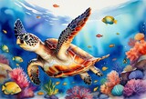 A Sea Turtle's Dance Among Vibrant Ocean Depths