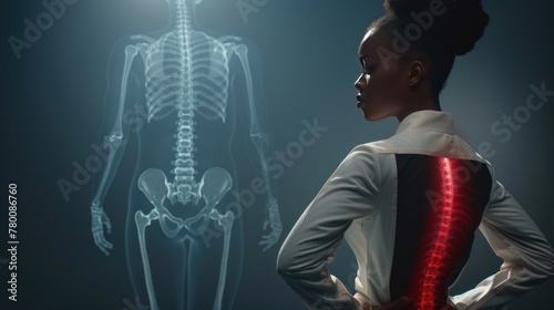 X-ray view presenting back pain, aiding in the diagnosis and treatment of conditions such as herniated discs, spinal fractures, and degenerative disc disease. 