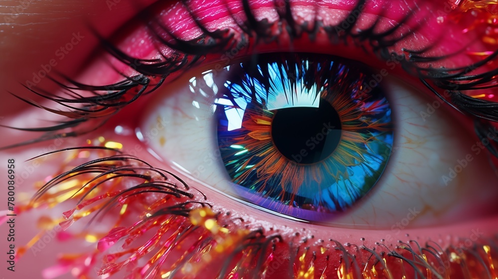 Macro close up of an eye with glass like rainbow eyelashes.
