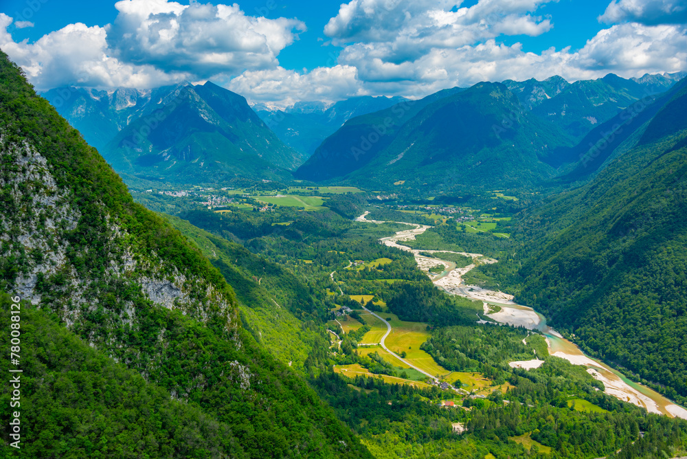 Naklejka premium Panorama view over Soca river valley in Slovenia