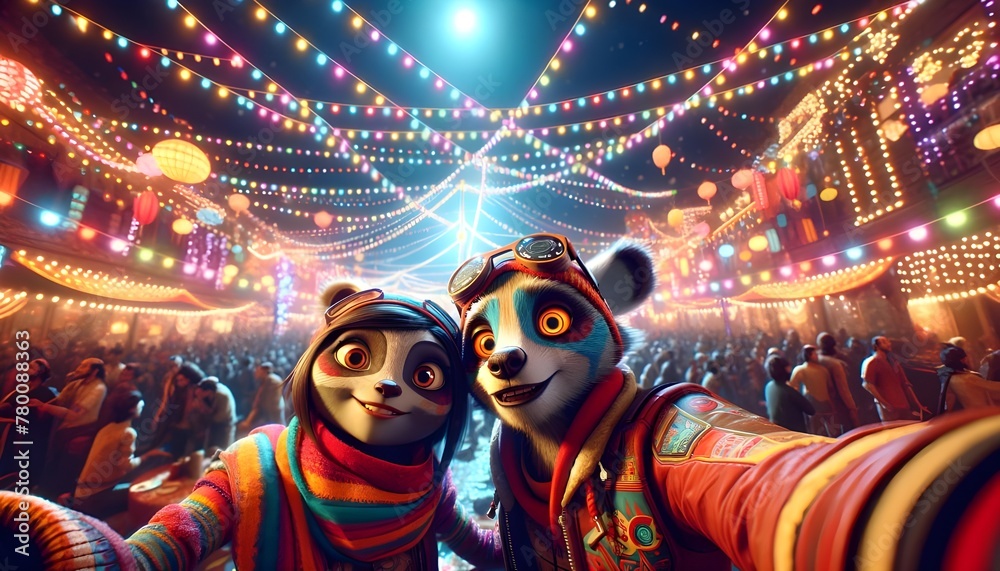 Festival Selfie with Anthropomorphic Panda Characters