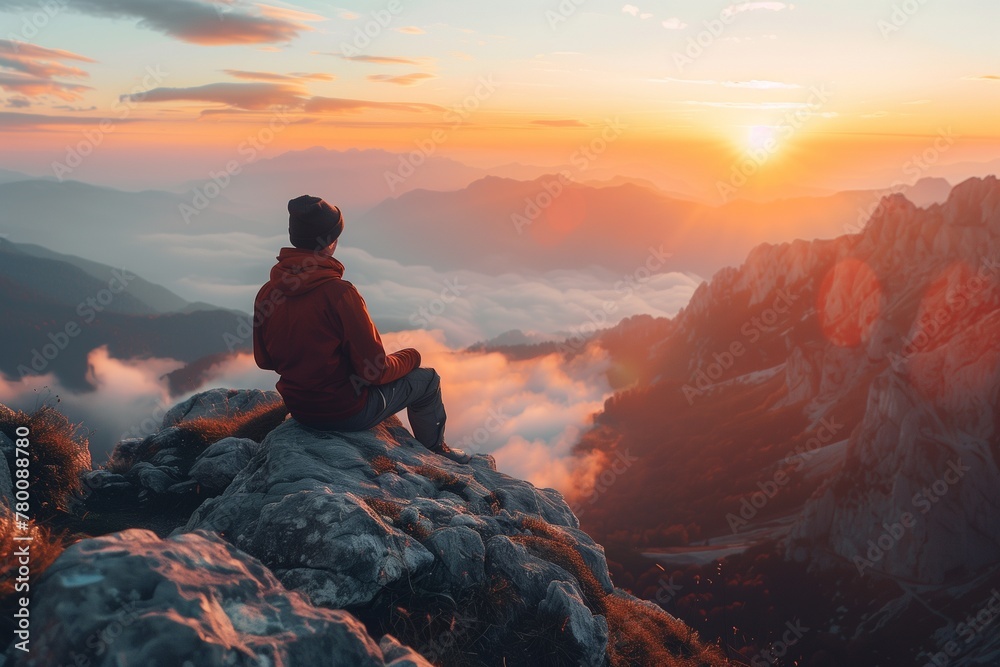 Person Meditating on Mountain Peak at Sunrise