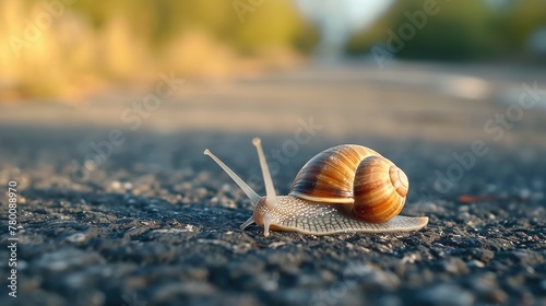 Snail with a brown shell crawling on a sunlit asphalt road.