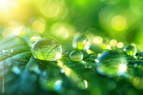 Beauty transparent drop of water on a green leaf macro with sun glare. Beautiful artistic image of environment nature in spring or summer.