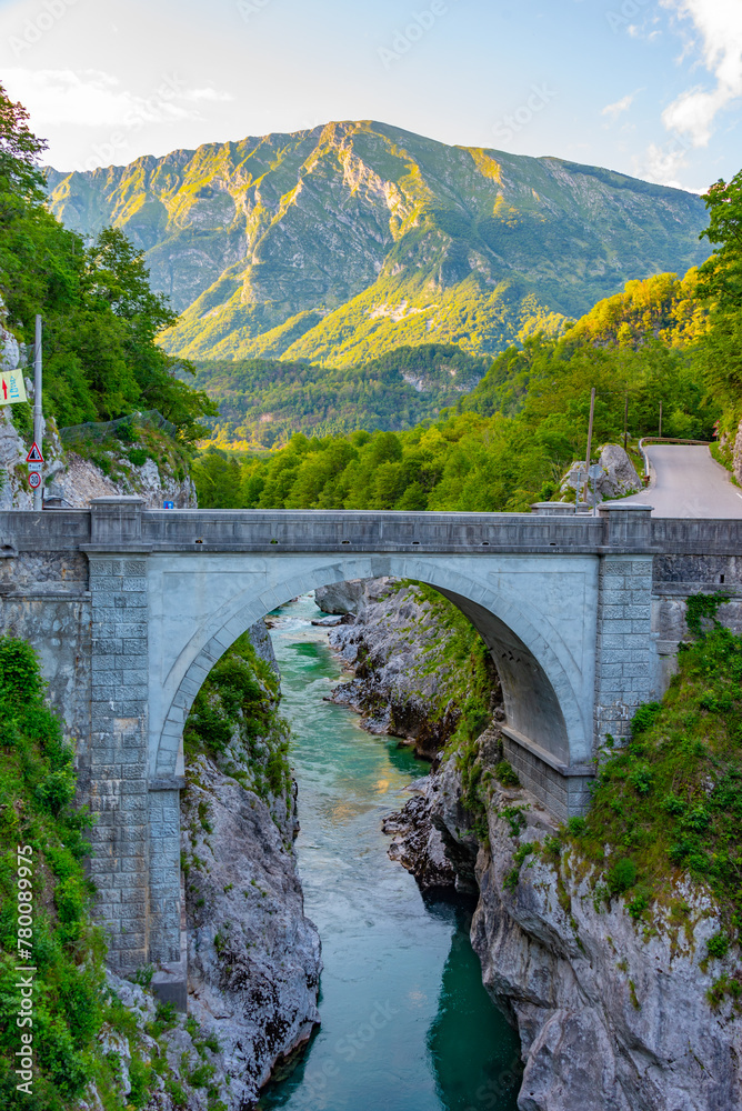 Fototapeta premium Napoleon bridge over Soca river near Kobarid, Slovenia