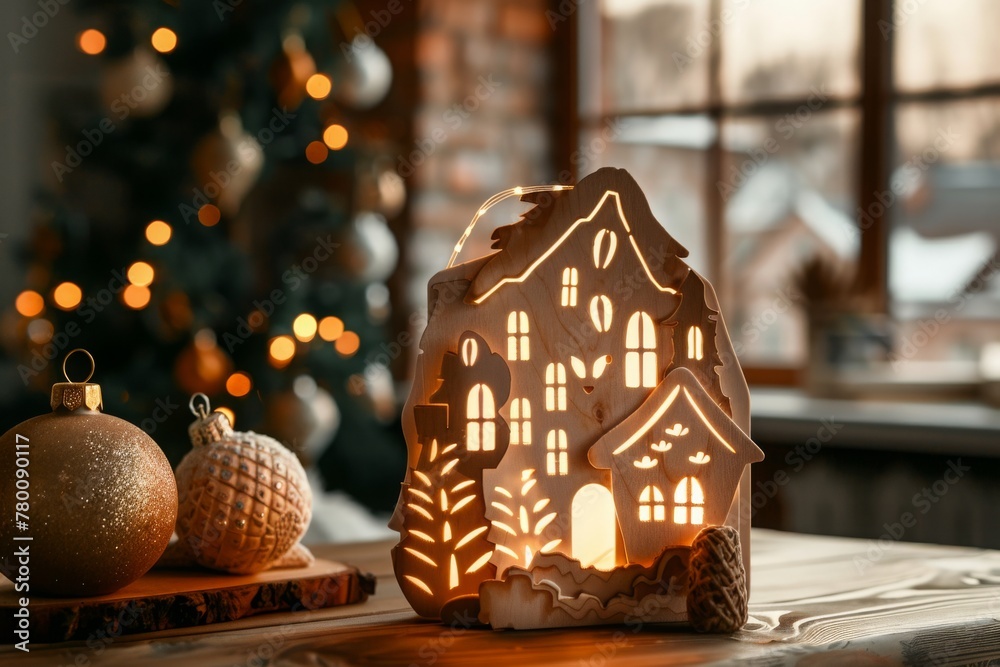 Christmas decoration with advent calendar and a house made of wood illuminated with string light. Handmade eco friendly christmas packaging. Christmas decoration with advent calendar and a house made of wood illuminated with string light. Handmade eco friendly christmas packaging.