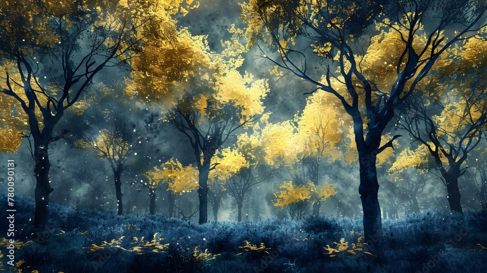 Golden and dark blue and trees painting . Great for wall art and home decor. 