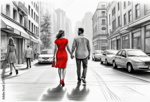 Artistic Sketch of Couple in Red Attire Wandering City Streets"