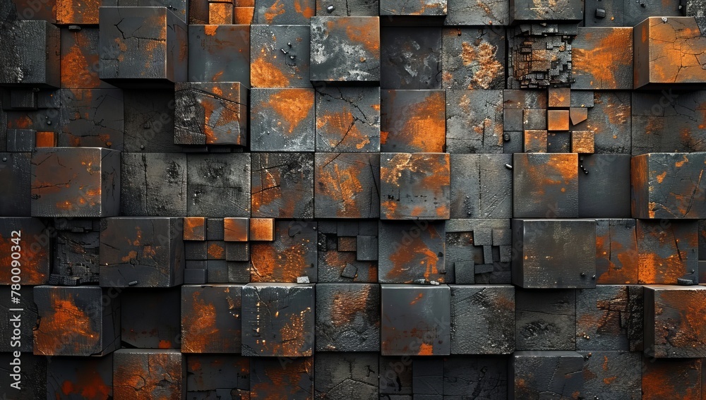 A wall of rusted metal cubes with dark orange and black textures, creating an industrial urban background. A wall of rusted metal cubes with dark orange and black textures, creating an industrial urban background.