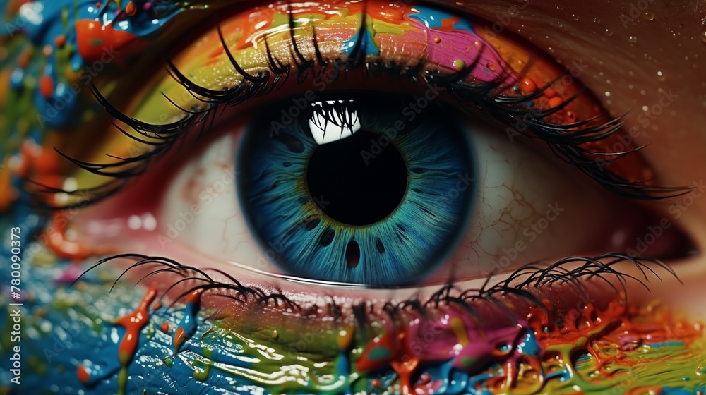 The artist's eyes are colored with paint.
