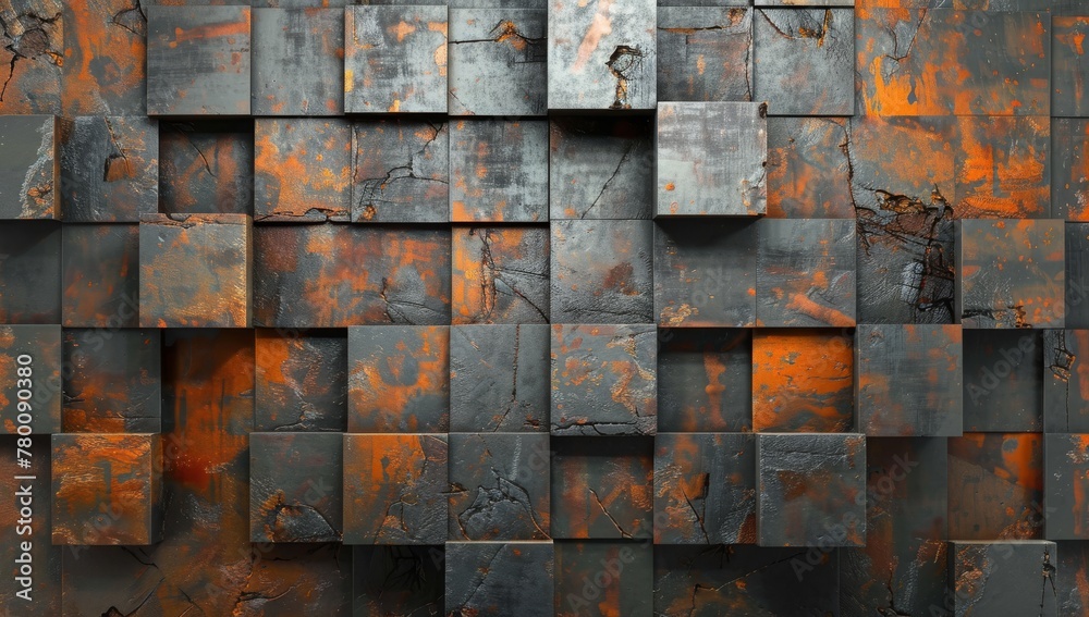 A wall of rusted metal cubes with dark orange and black textures, creating an industrial urban background.