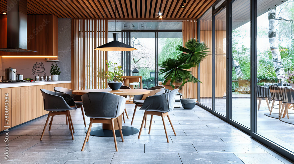 Fototapeta premium Stylish Modern Dining Room with Natural Light, Elegant Furniture and Plant Decorations, Contemporary Home Design