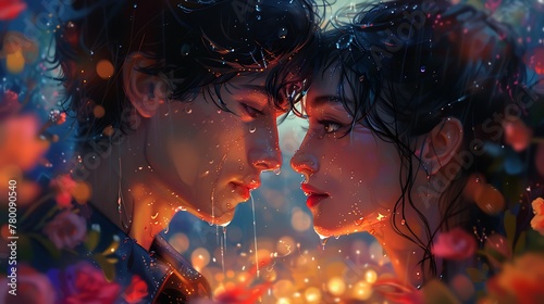 Illustration of Handsome boy and beautiful girl couples close up face, relationship illustration, romantic color and vibes photo