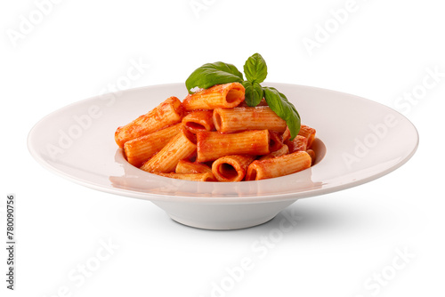 Rigatoni macaroni pasta with tomato sauce and basil leaves in white plate isolated