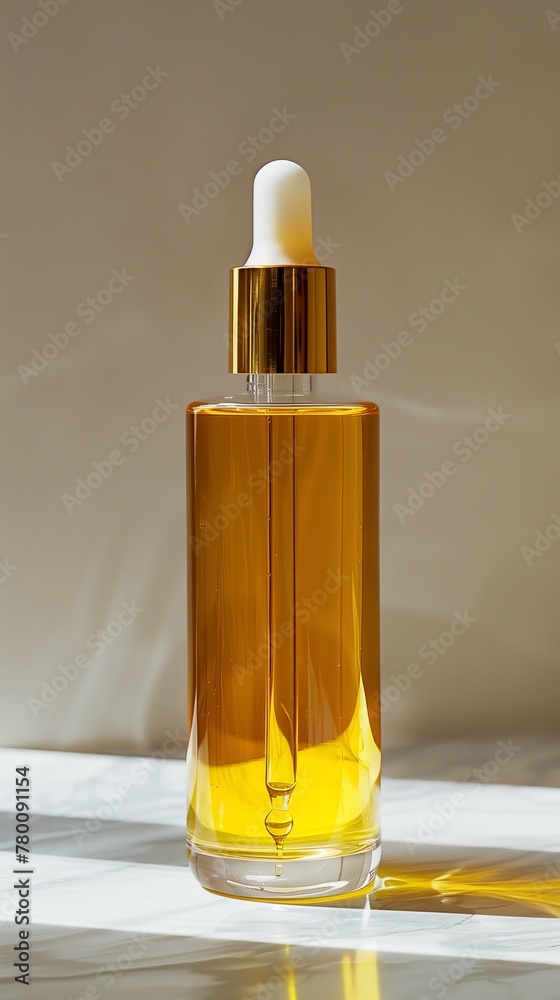 A luxurious glass bottle with a dropper containing oil for skin or hair. Advertisement for natural cosmetics
