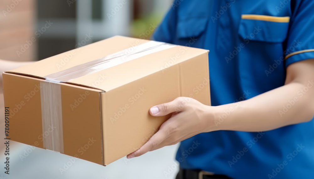 Courier man or woman hands delivering a cardboard box at a client's home during day on blurred urban background. Messenger and delivery service concept. Courier man or woman hands delivering a cardboard box at a client's home during day on blurred urban background. Messenger and delivery service concept.