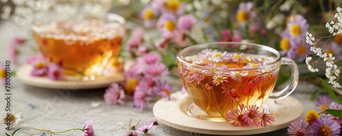 Natural aromatic flower tea in transparent cup on saucer among colorful flowers. Herbal tea with wildflowers for health. Herbal medicine and homeopathy concept. Folk medicine banner, poster