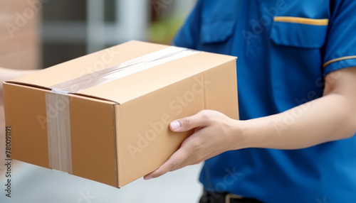 Courier man or woman hands delivering a cardboard box at a client's home during day on blurred urban background. Messenger and delivery concept.   © cabado