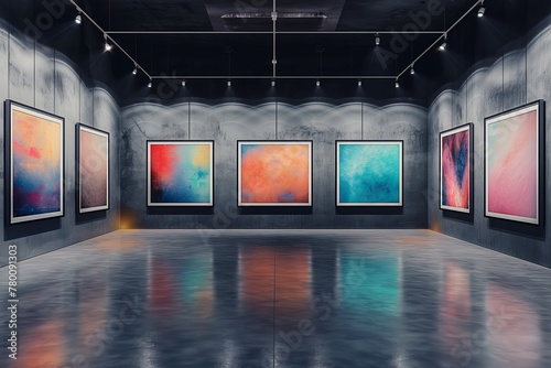 Contemporary art gallery with colorful abstract paintings, suited for modern art, culture, and design themes.