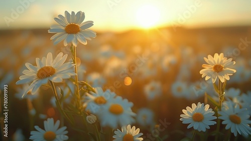 Field of Daisies With Sun Setting in Background