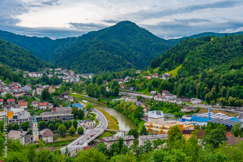 Aerial view of Slovenian town Idrija