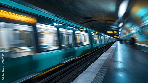 metro train driving through empty subway station with motion blur