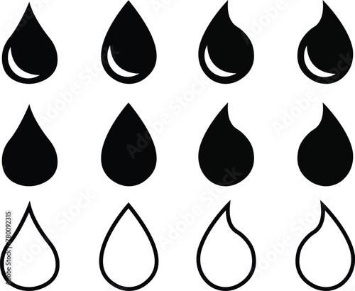 Water drop shape. black water drops set. Water or oil drop. Flat and line style Isolated on transparent background - stock vector collection for apps or web