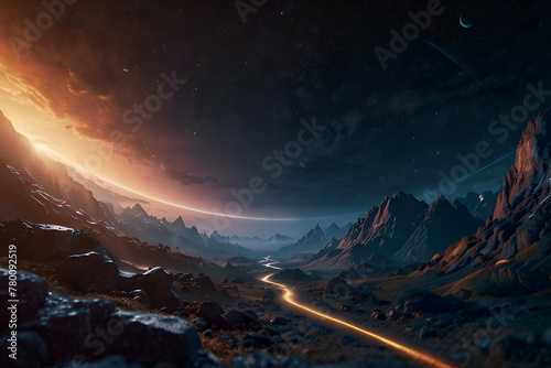 Ai-generated image of mountains with a mysterious background, Planet abstract backgrounds, Landscape of mountains with beautiful sky