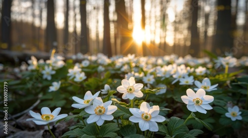 Group of White Flowers in Forest