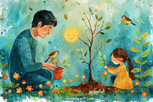 Adult and child planting together, fostering growth with love, surrounded by nature's beauty. Postcard for the day of the father.