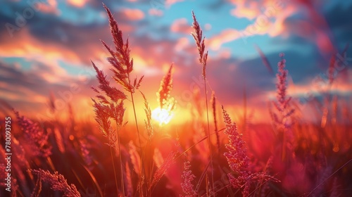 Sun Setting Over Tall Grass Field