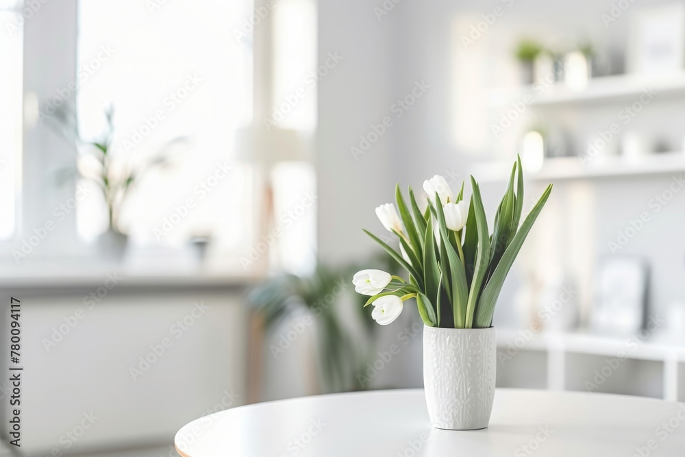 Fresh flowers in white vase placed on small table in bright room interior with paintings, potted plants and candles on shelves in blurred background Fresh flowers in white vase placed on small table in bright room interior with paintings, potted plants and candles on shelves in blurred background