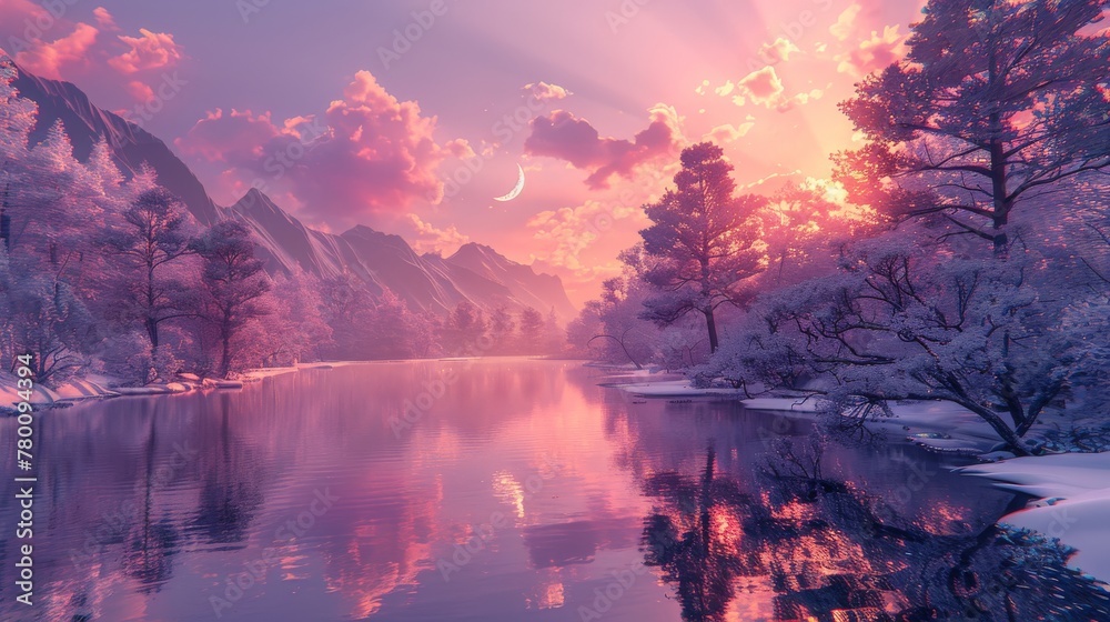 Fototapeta premium Japanese sunset with vaporwave vibe. Generative AI