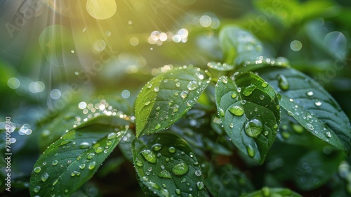 Green Leaves Covered in Water Drops