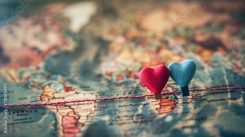 Long Distance Relationship illustration, world map with love and people distance relationship connected by string representative communication for trusted