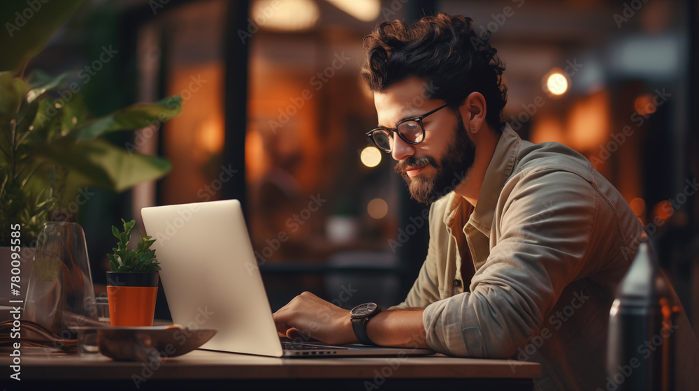 A stylish man with a beard and glasses is sitting at a table at a laptop computer, in warm light