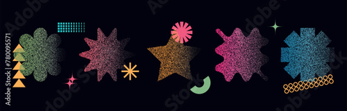 Set of abstract shapes with a stipple texture. Dot elements in the style of the 90s, 2000s. The effect of halftones. Vector.