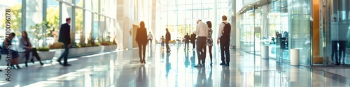 A blurred group of people in the lobby of the bank. Work commitment.