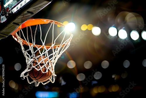 A close-up view looking up at an orange basketball falling through the rim and a white nylon net with the arena lights and lens flare in the background. © JovialFox