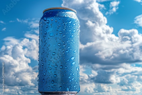 Cold blue beverage can with water droplets against a cloudy sky