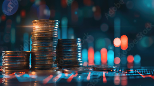 Stack of Coins with Market Graph Background