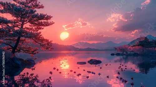 Japanese sunset with vaporwave vibe. Generative AI © wellyans