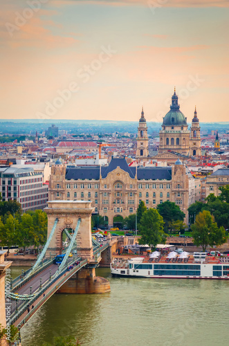 Famous Chain bridge and Saint Stephen Basilica in Budapest, Hungary © Olena Zn