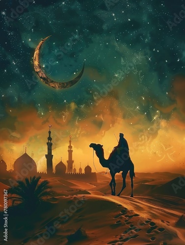 This image is created for Islamic events like Eid ul Adha  Camel  poster and copy space - generative ai