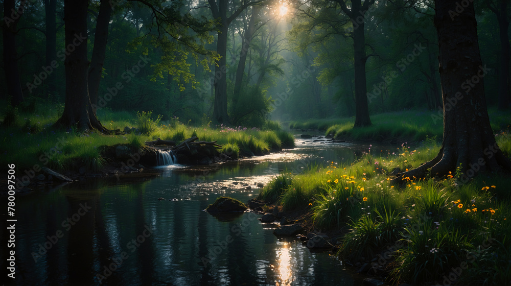 Beautiful green forest, dark mode tones, long exposure picture, small river. Generated AI